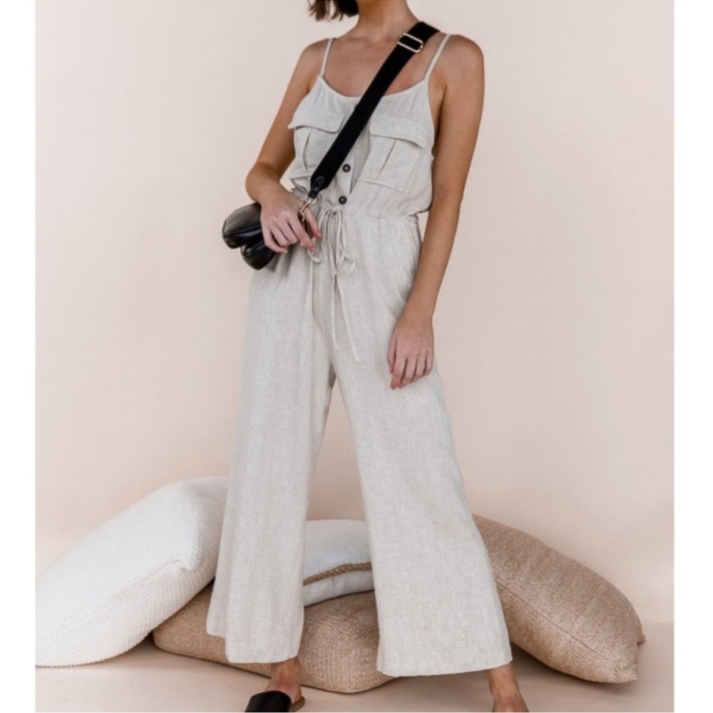 NWOT Promesa Linen Oatmeal Natural Light Beige Jumpsuit Tank Buttons - Picture 3 of 15